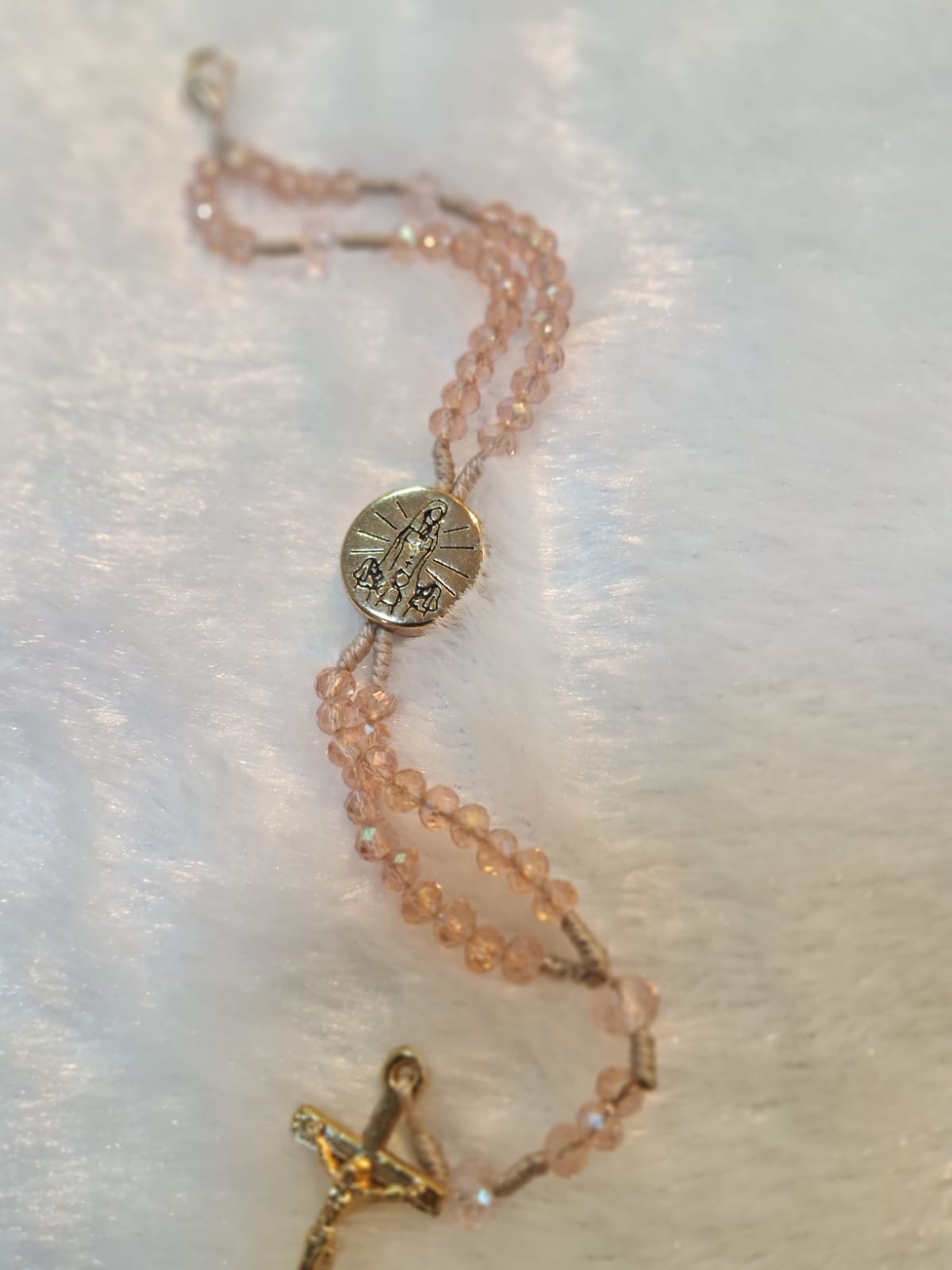 Terço de Pulso Cristal Rose Transparente - Nossa Senhora FATIMA - Dourado